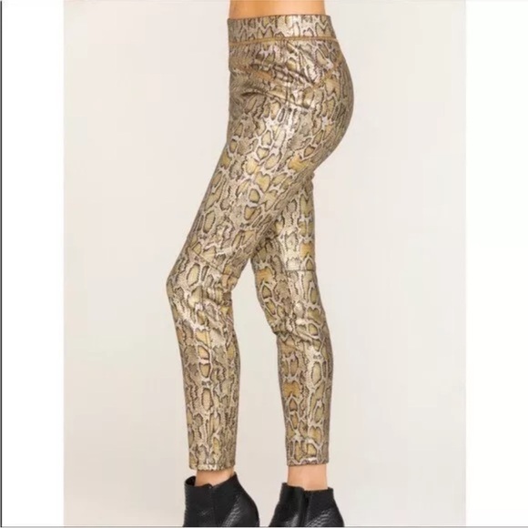 NWT FREE PEOPLE gold python leggings size M brown shiny snakesekin pull on - Picture 2 of 9
